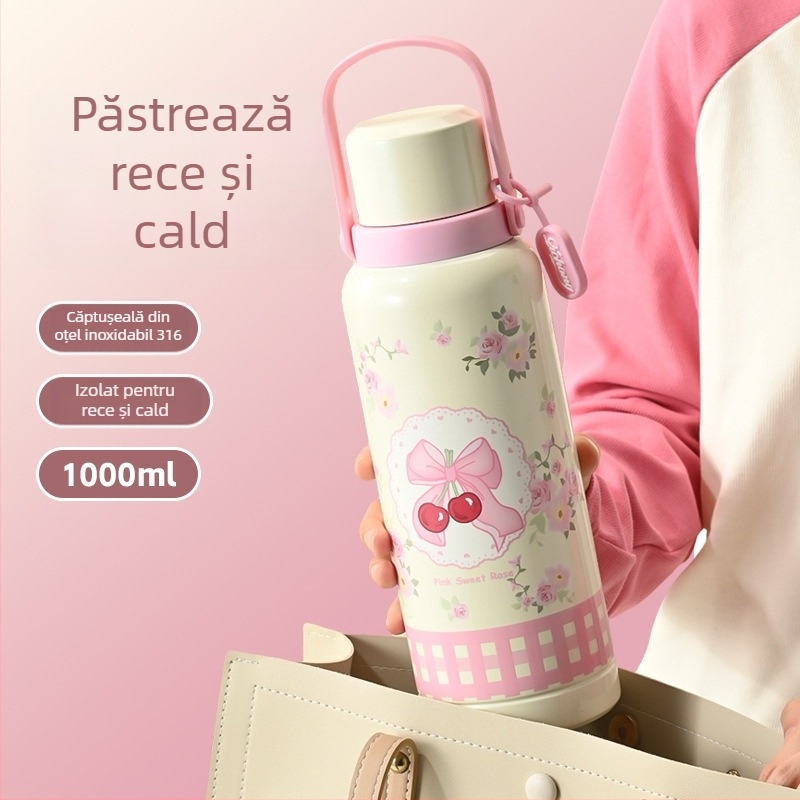 Cană de apă izolată, capacitate mare, interior din oțel inoxidabil 316, roz, mâner portabil