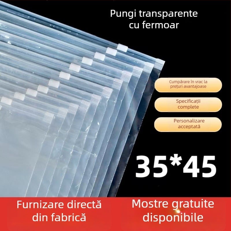 Pungă PE transparentă, fără pudră, cu fermoar, pentru haine, ambalaj pentru îmbrăcăminte 35×45 cm