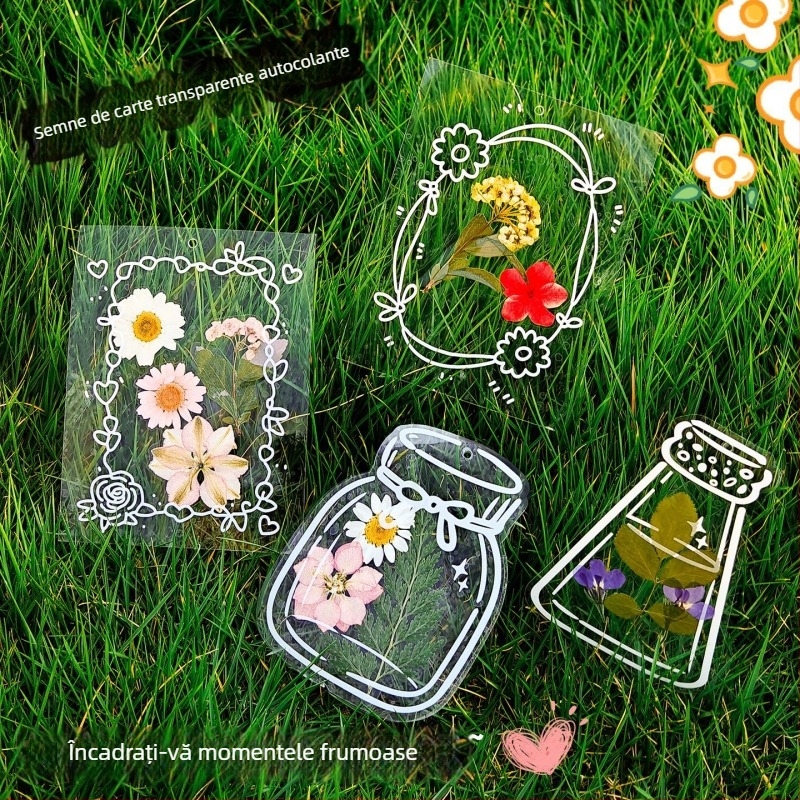 Kit DIY pentru semn de carte cu flori uscate de primăvară, în recipient tip sticluță pentru elevi — mostră de frunză transparentă, peliculă de sigilare din plastic și lipici