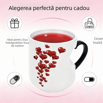 Cană ceramică în formă de inimă, cu schimbare de culoare