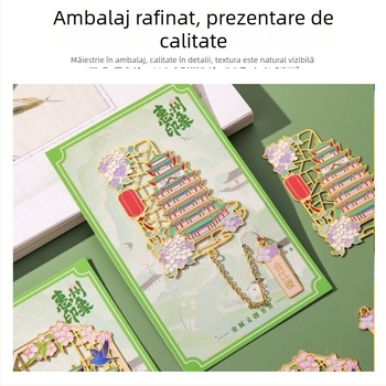 Semn de carte metalic cu lanț, stil chinezesc, clemă decupată pentru pagini, peisaje arhitecturale