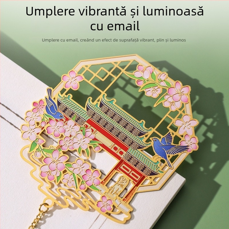 Semn de carte metalic cu lanț, stil chinezesc, clemă decupată pentru pagini, peisaje arhitecturale