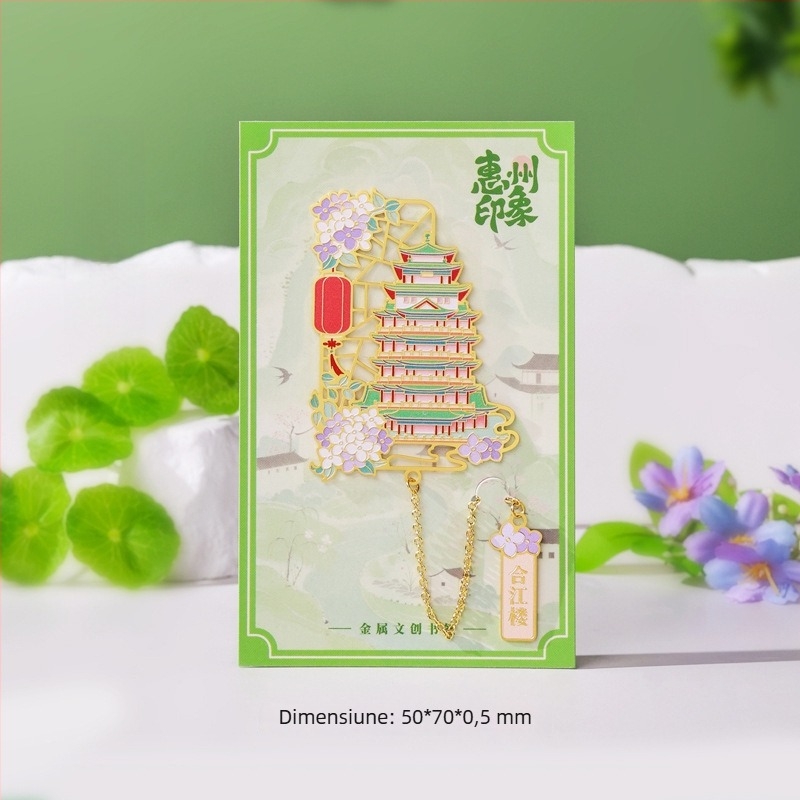 Semn de carte metalic cu lanț, stil chinezesc, clemă decupată pentru pagini, peisaje arhitecturale