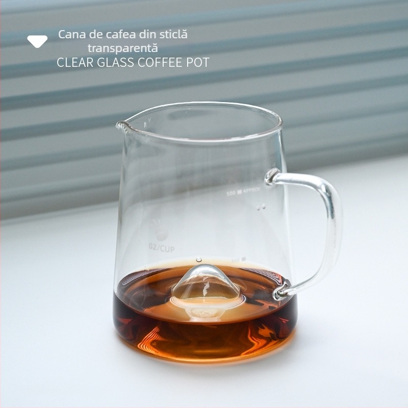 Ceainic pentru cafea pour-over din sticlă borosiliat să rezistentă la temperatură, cu ceașcă de măsurare etichetată