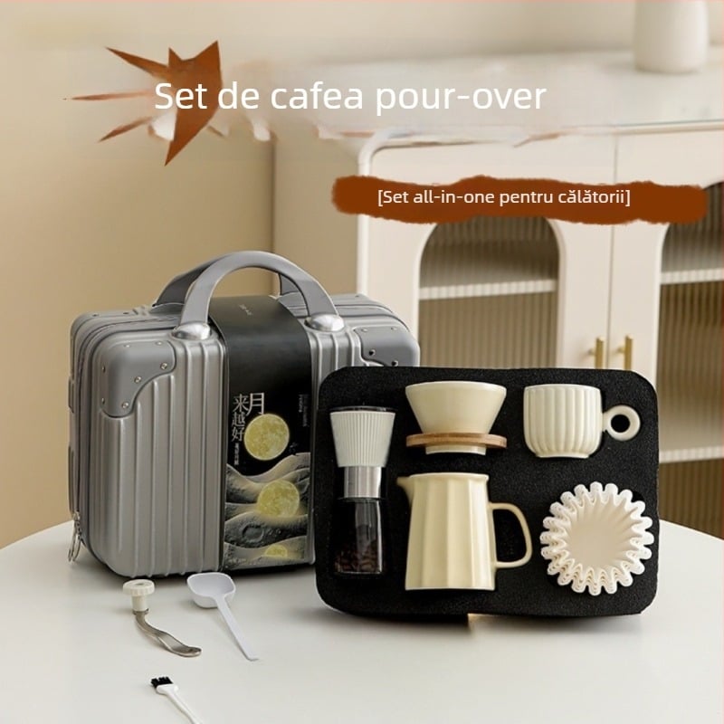 Set ceramic de cafea cu stil retro pentru preparare manuală: ibric de cafea, ceașcă de filtru, cană pentru partaj, râșniță de cafea și accesorii