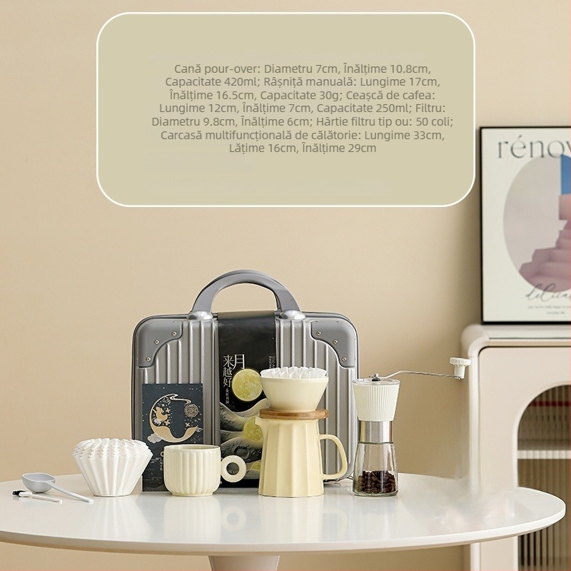 Set ceramic de cafea cu stil retro pentru preparare manuală: ibric de cafea, ceașcă de filtru, cană pentru partaj, râșniță de cafea și accesorii