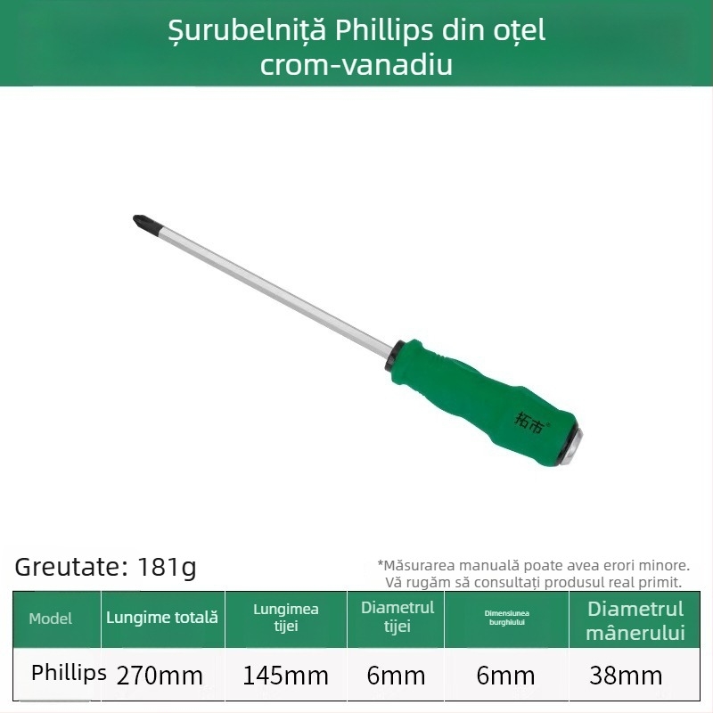 Șurubelniță cu cap Philips și cap plat, duritate înaltă, nucleu întărit, rezistentă la șocuri, magnetică