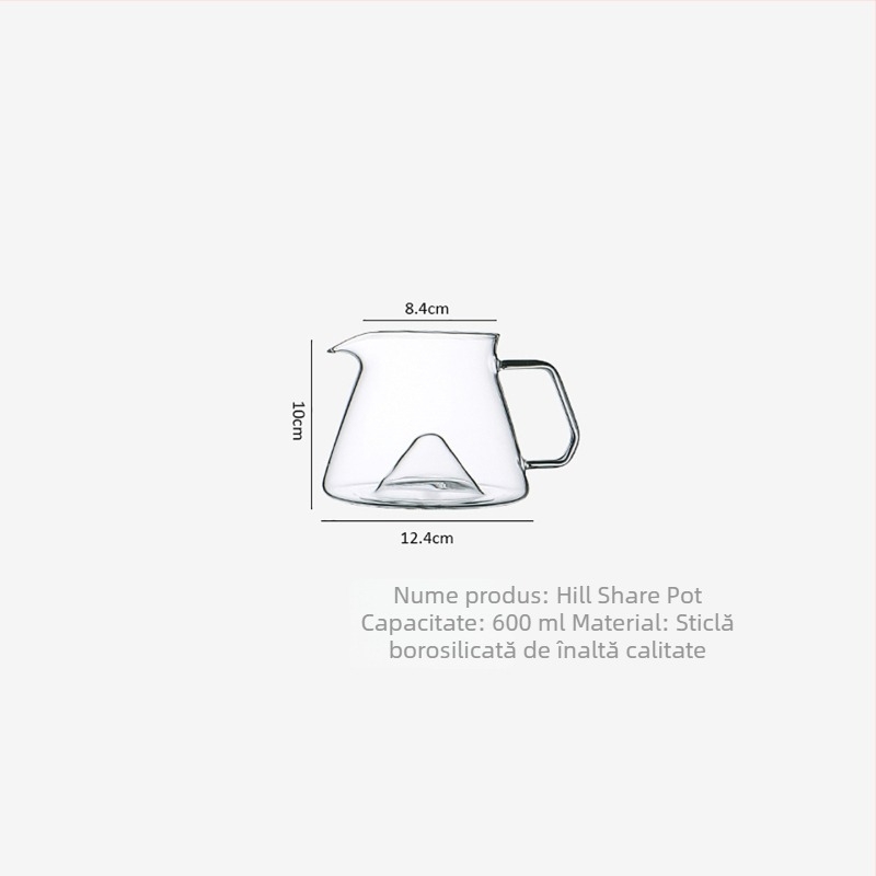 Ibric Hill Glass pentru cafea pour-over, din sticlă borosilicat groasă, rezistentă la temperaturi înalte