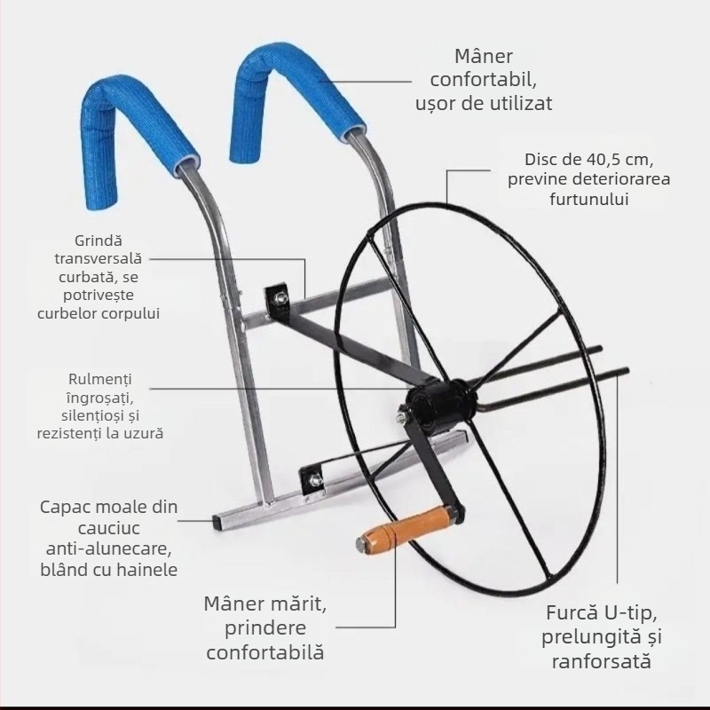 Reel pentru furtun de irigații, cu curea de umăr și suport de depozitare a conductelor