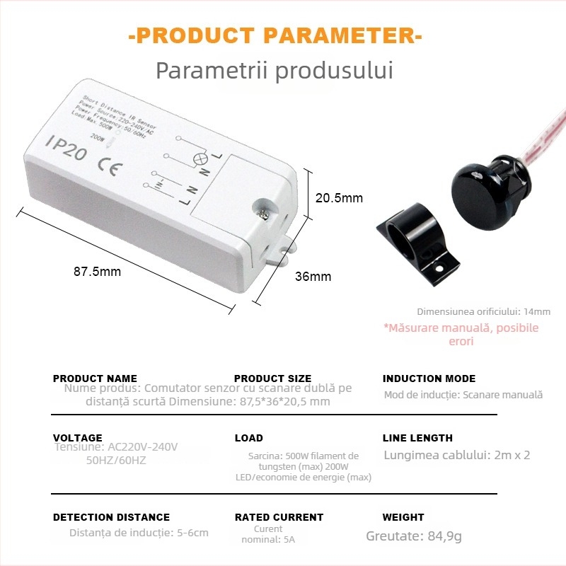 Modul de scanare manuală AC 220V — senzor întrerupător de control la distanță scurtă, scanare cu ambele mâini