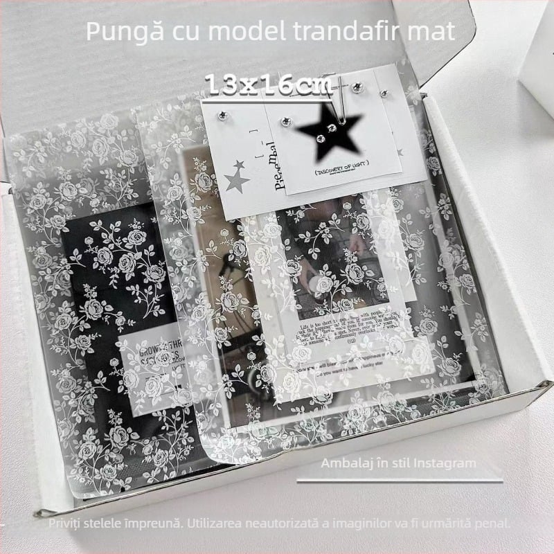 Pungi cu deschidere plată, sigilate termic, în stil Instagram, cu motiv mat de trandafir, pentru ambalarea produselor și materiale DIY culturale și creative