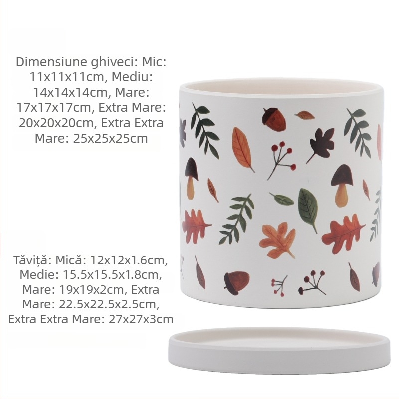 Ghiveci ceramic cu model de frunze nordice, cu farfurie, pentru suculente și cactuți.