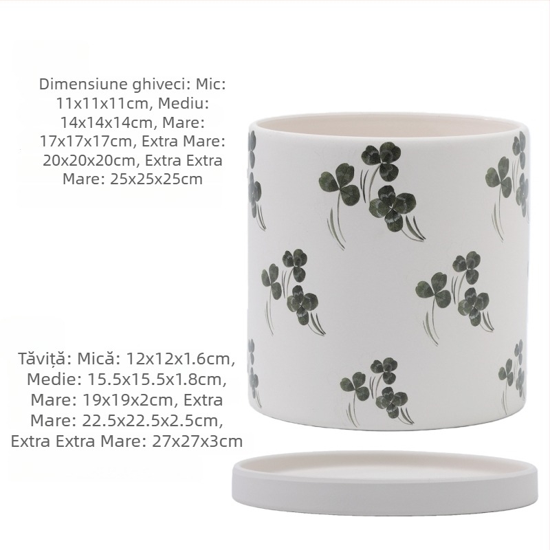 Ghiveci ceramic cu model de frunze nordice, cu farfurie, pentru suculente și cactuți.