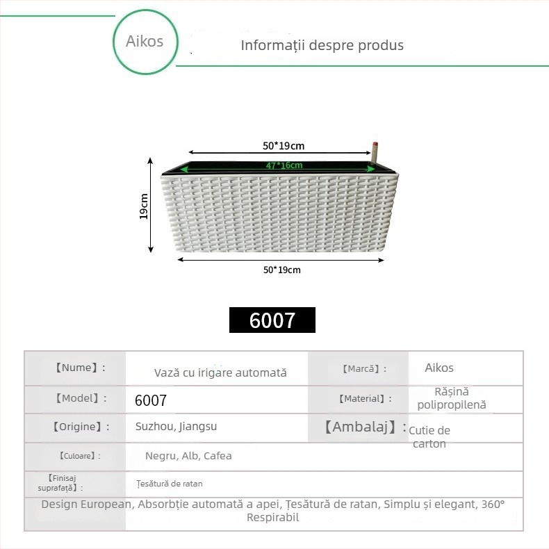 Ghiveci de balcon autoirigare cu aspect rătan, din plastic, mare, pentru legume și flori; poate fi montat pe perete, pe birou sau pe podea