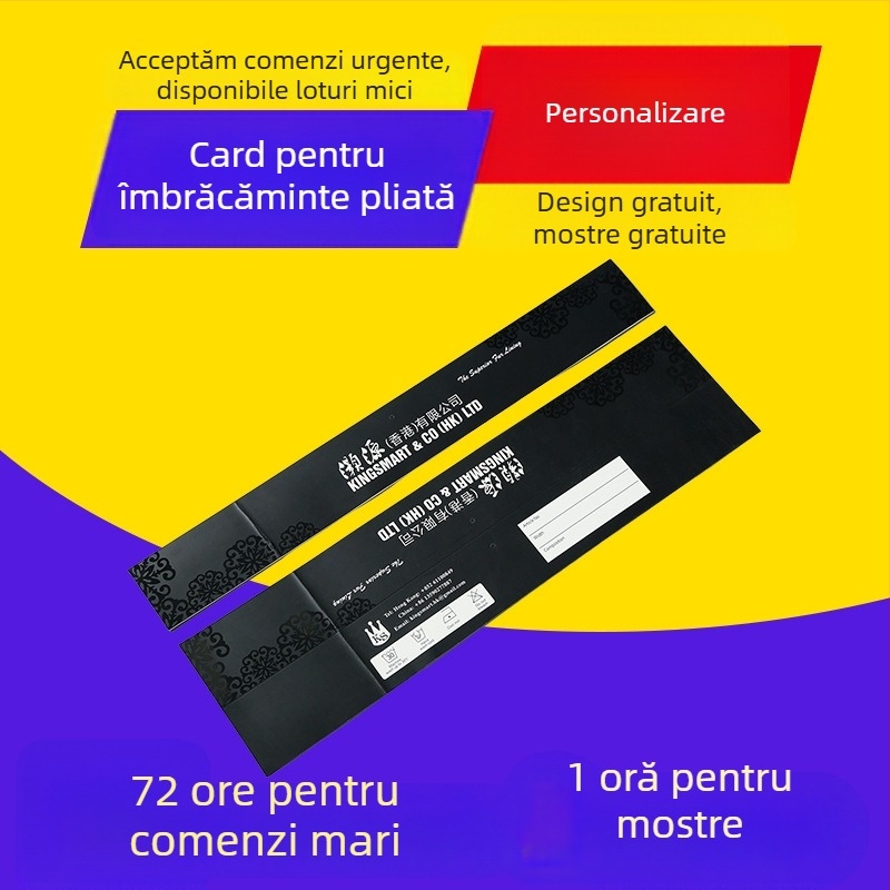 Etichetă pentru haine cu gaură perforată, cartonaș color, carton alb gros laminat, imprimare, etichetă de capăt și etichetă de legătură, pungă roșie kraft