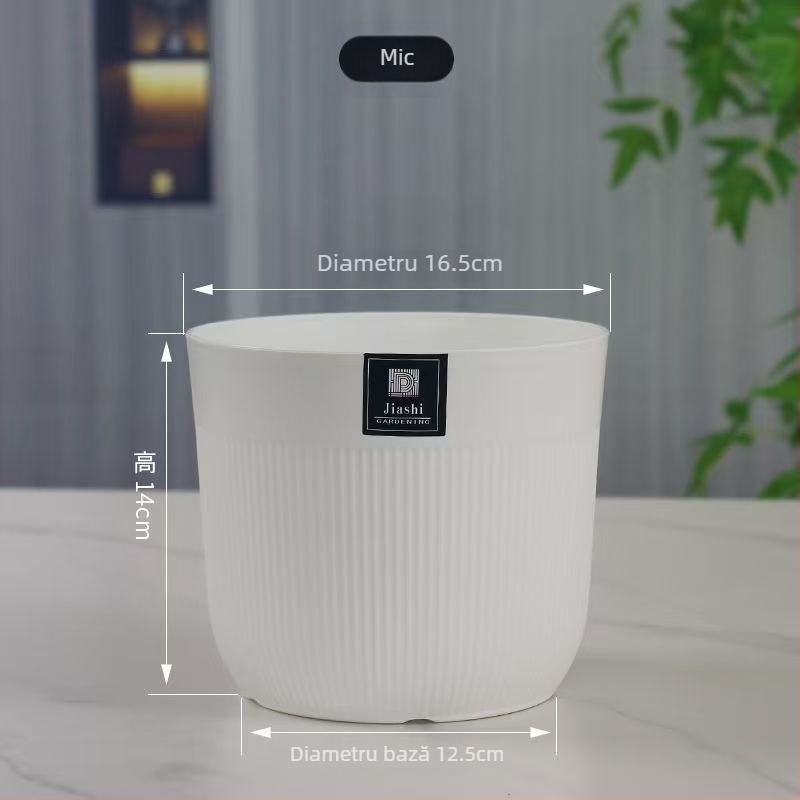 Ghiveci de flori din plastic alb, întărit, în stil nordic minimalist, cu deschidere rotundă și dungi verticale, pentru Pasărea paradisului, potrivit pentru sufragerie și balcon