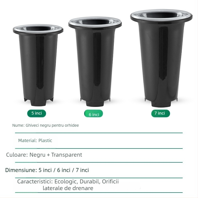 Vas de orchidă din plastic, negru transparent, design minimalist, mare, respirabil, set ghivece orchidă