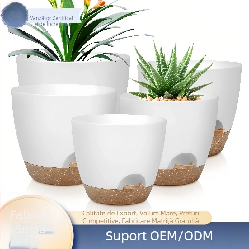 Set de 5 ghivece plastice cu auto-udare, tavă, în culori variate, dimensiuni diferite