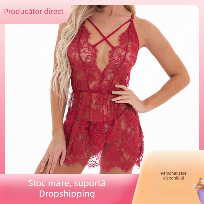 Set de lenjerie din dantelă plasă, rochie de noapte transparentă cu halter, pentru uz casnic
