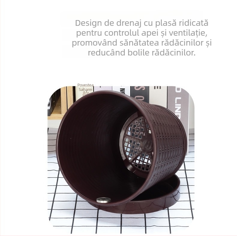 Ghiveci din bambus împletit, rotund, pentru interior, cu farfurie, pentru plante de interior