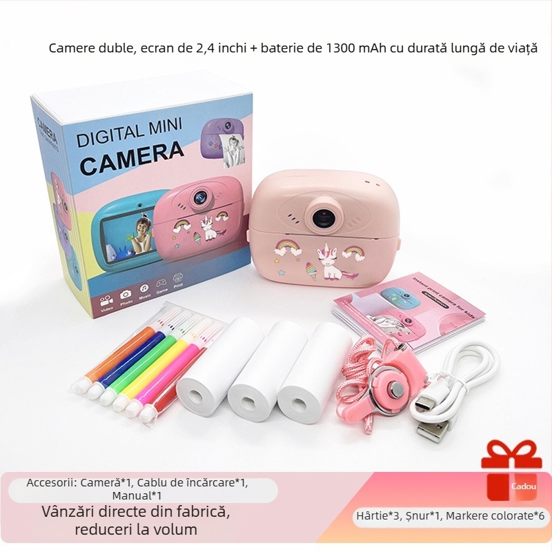 Cameră pentru copii cu imprimare instantă, în stil joc video, aparat foto inteligent inspirat de SLR