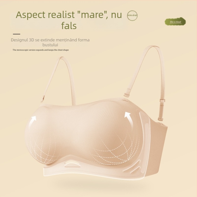 Sutien bandeau fără bretele, push-up, antialunecare, fără cusături, cupe groase pentru amplificarea unui bust mic, stil manga