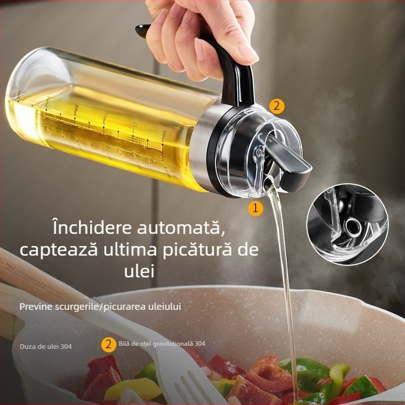 Sticlă de ulei din sticlă, cu protecție la scurgeri și deschidere/închidere automată, pentru sos de soia, oțet și condimente – bucătărie