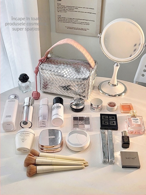 Geantă de cosmetică cu textură țesută și finisaj argintiu, portabilă, cu capacitate mare, organizator de călătorie elegant