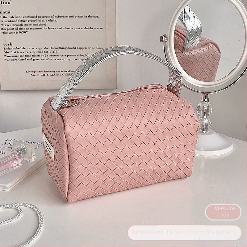 Geantă de cosmetică cu textură țesută și finisaj argintiu, portabilă, cu capacitate mare, organizator de călătorie elegant