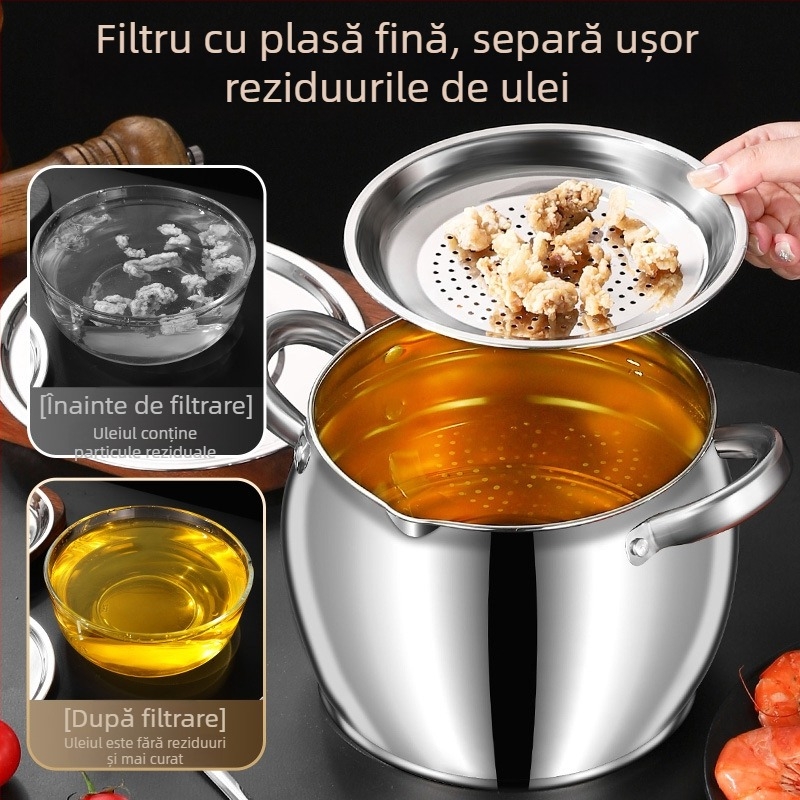 Vas din oțel inoxidabil pentru grăsime de porc, cu capac și filtru, capacitate mare, bucătărie
