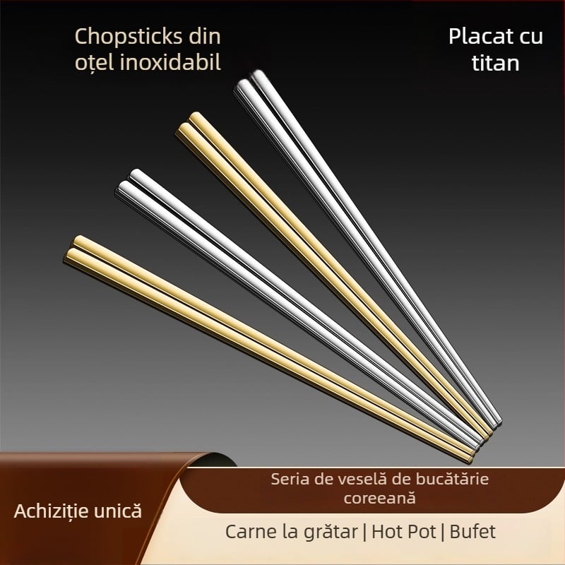 Bețișoare pentru mâncare cu strat de titan, stil coreean, din oțel inoxidabil 304, aurii, plate, îngroșate, antiderapante, rezistente la mucegai