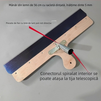 Unealtă pentru auto-nivelare a pardoselii din ciment, cu racletă dințată, rotativă și direcție reglabilă, compatibilă cu tijă telescopică