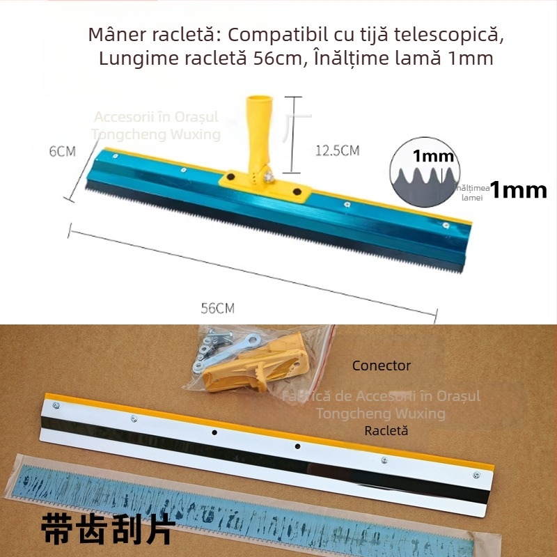 Unealtă pentru auto-nivelare a pardoselii din ciment, cu racletă dințată, rotativă și direcție reglabilă, compatibilă cu tijă telescopică