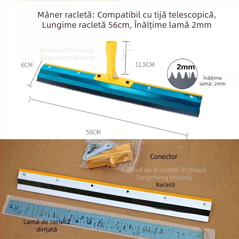 Unealtă pentru auto-nivelare a pardoselii din ciment, cu racletă dințată, rotativă și direcție reglabilă, compatibilă cu tijă telescopică
