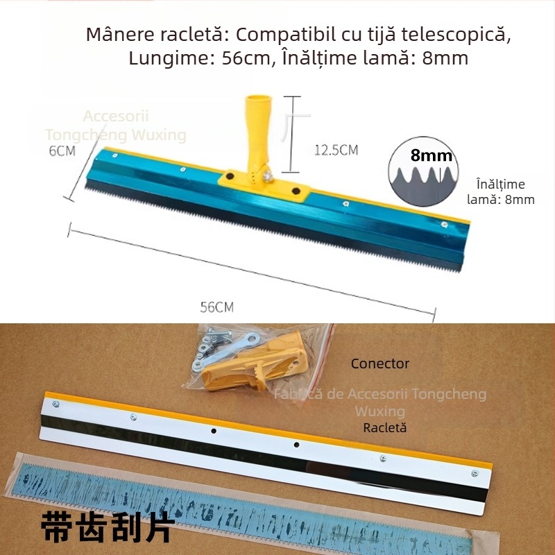 Unealtă pentru auto-nivelare a pardoselii din ciment, cu racletă dințată, rotativă și direcție reglabilă, compatibilă cu tijă telescopică