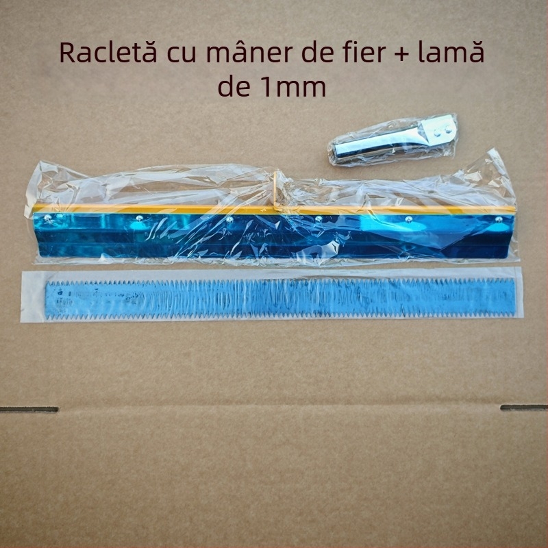 Unealtă pentru auto-nivelare a pardoselii din ciment, cu racletă dințată, rotativă și direcție reglabilă, compatibilă cu tijă telescopică