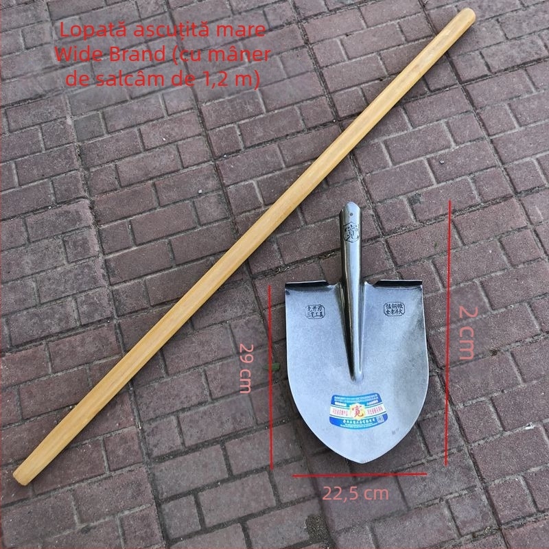  Lopată din oțel mangan, tratat termic, lamă plată cu vârf ascuțit și cap pătrat, mare, pentru exterior, grădină și agricultură