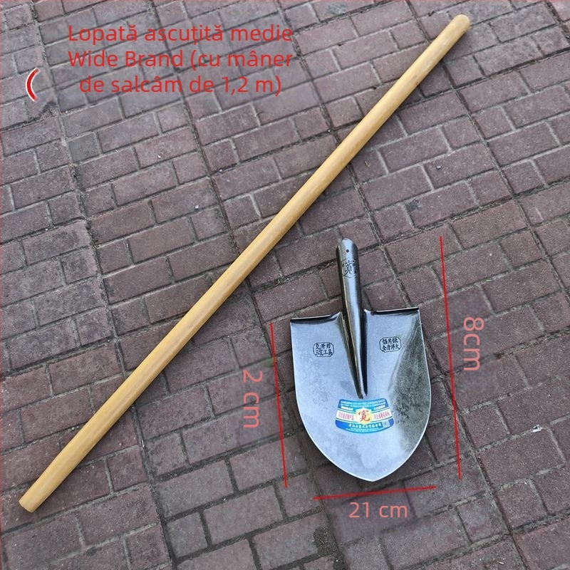  Lopată din oțel mangan, tratat termic, lamă plată cu vârf ascuțit și cap pătrat, mare, pentru exterior, grădină și agricultură