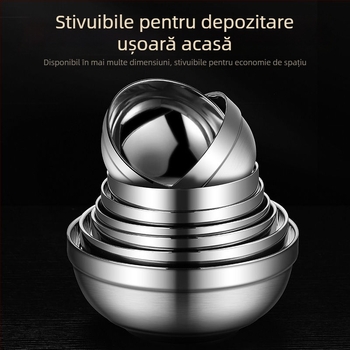Vas din oțel inoxidabil 304 pentru tăiței și orez, rotund, dublu strat, finisaj platina, pentru copii/acasă, diametre 11-19 cm