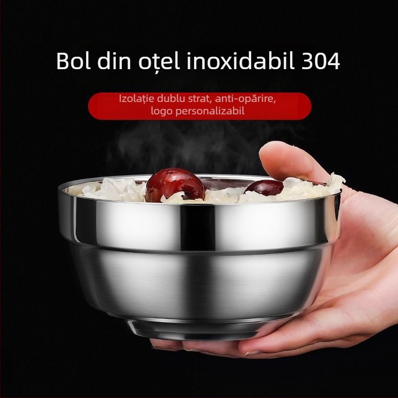Vas din oțel inoxidabil 304 pentru tăiței și orez, rotund, dublu strat, finisaj platina, pentru copii/acasă, diametre 11-19 cm