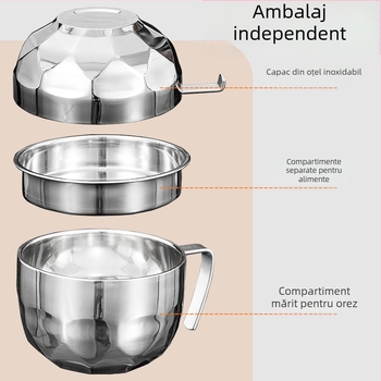 Ceașcă din oțel inoxidabil 304, cu pereți dubli și capac, pentru noodles instant, pentru birou și studenți, uz casnic
