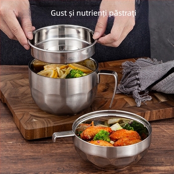 Ceașcă din oțel inoxidabil 304, cu pereți dubli și capac, pentru noodles instant, pentru birou și studenți, uz casnic