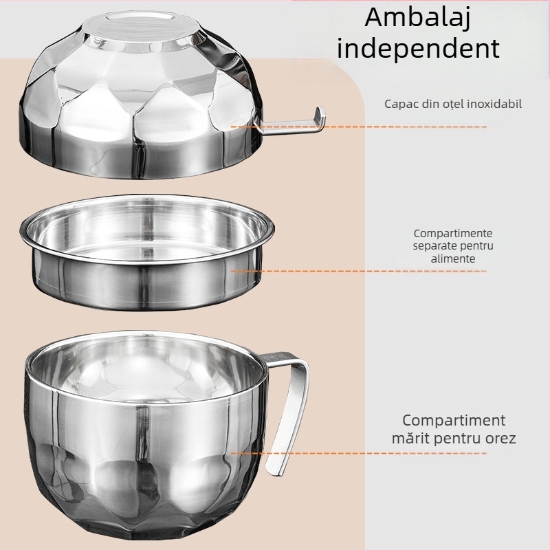 Ceașcă din oțel inoxidabil 304, cu pereți dubli și capac, pentru noodles instant, pentru birou și studenți, uz casnic