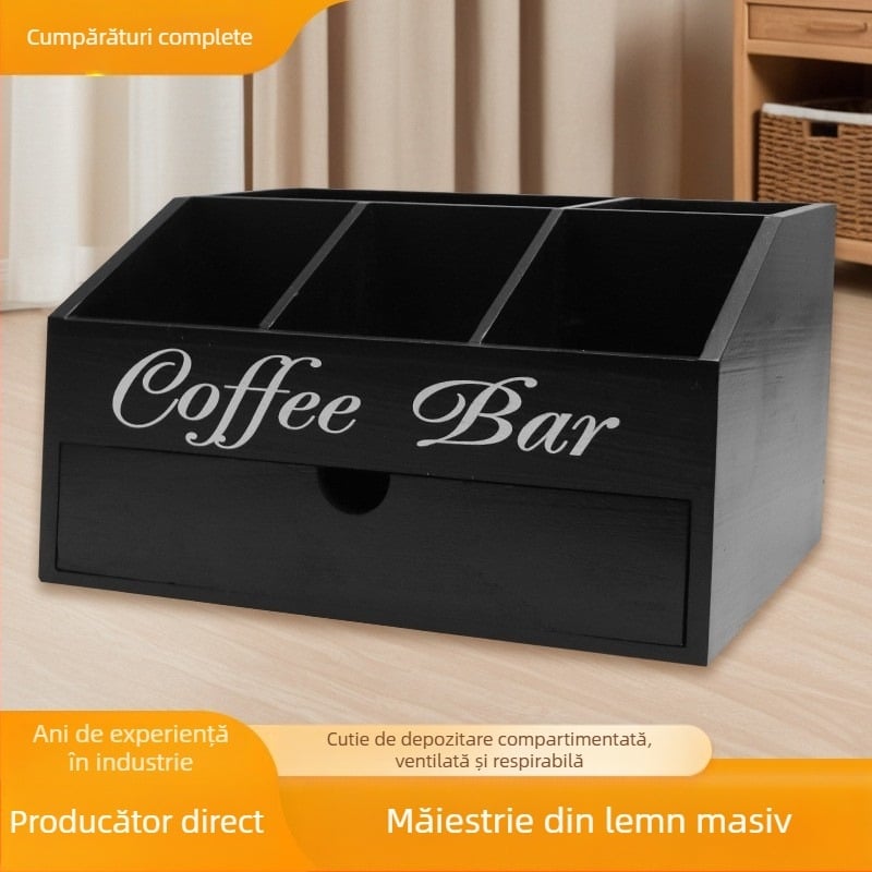 Cutie de depozitare cafea din lemn masiv, cu mai multe compartimente, organizator de bar pentru birou, cu sertar și divizoare