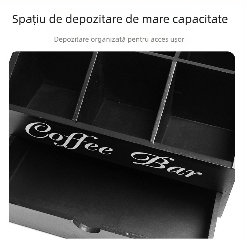 Cutie de depozitare cafea din lemn masiv, cu mai multe compartimente, organizator de bar pentru birou, cu sertar și divizoare
