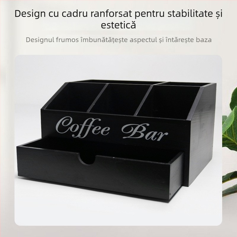 Cutie de depozitare cafea din lemn masiv, cu mai multe compartimente, organizator de bar pentru birou, cu sertar și divizoare