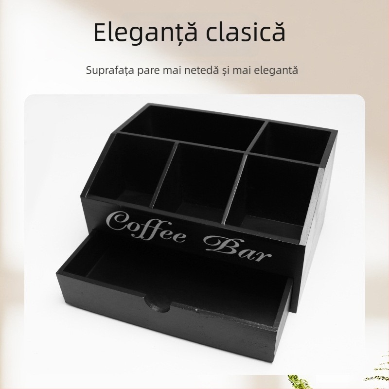 Cutie de depozitare cafea din lemn masiv, cu mai multe compartimente, organizator de bar pentru birou, cu sertar și divizoare