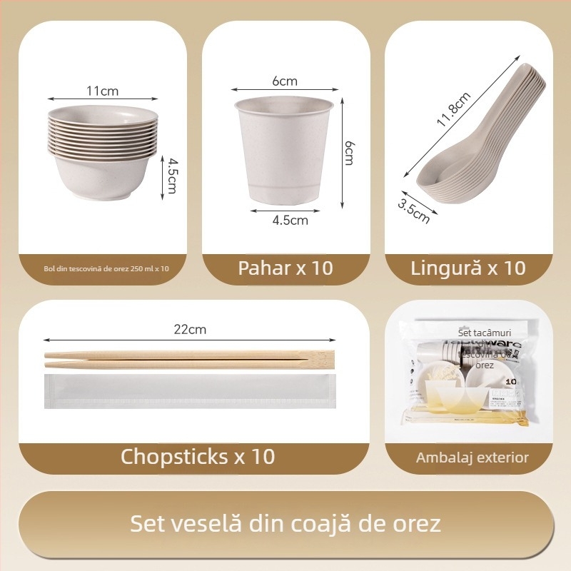 Set de farfurii și boluri din fibre de coji de orez pentru exterior – picnic, drumeții, camping și grătar
