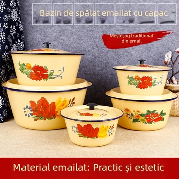 Set emailat de bucătărie: bol pentru prăjituri cu capac, vas pentru untură și bol de amestecare, galben, rotund, diametru 14 cm