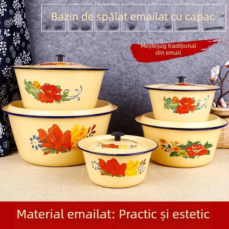 Set emailat de bucătărie: bol pentru prăjituri cu capac, vas pentru untură și bol de amestecare, galben, rotund, diametru 14 cm